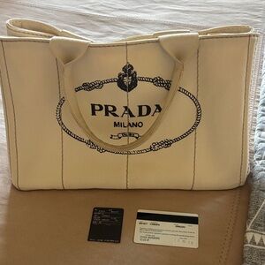 Prada Cream Canapa Canvas Tote with Printed Milano Logo